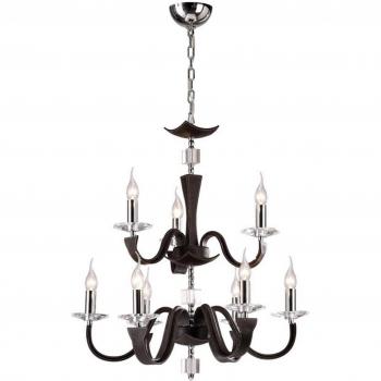 INSPIRED LIGHTING Nardini Ceiling Pendant Chandelier 2 Tier 9 Light Polished Chrome Dark Brown Faux Leather, Crystal