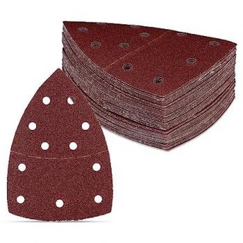 All-Purpose Tri-Shaped Sanding Sheets for Power Tools, Set of 50, Multiple Grit Options (40/80/120/180), 11 Holes, Brown