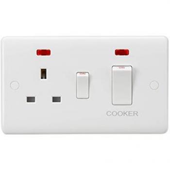 Curved Edge 45A DP Cooker Switch and 13A Socket with Neons (White Rocker)