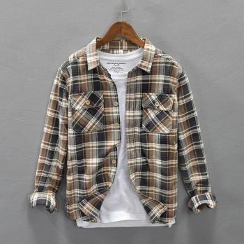 Camisa de Algodón a Cuadros para Hombre Estilo Japonés con Bolsillos y Manga Larga