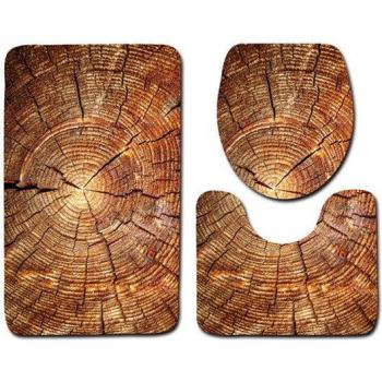 Housse de siège de toilette et tapis assortis 3 pièces, motif bois, polyester