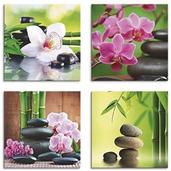 Leinwandbild ARTLAND Spa Bambus Zweige Zen Steine, 4er Set, verschiedene Größen