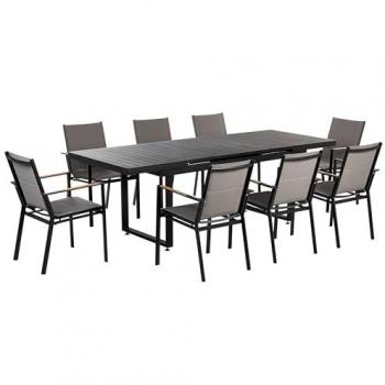 8-Piece Black Aluminium Garden Dining Set with Grey Cushions and Extending Table