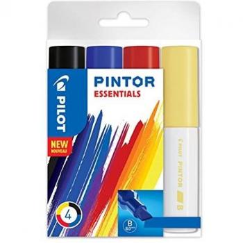 Marqueurs à huile Pintor Pilot Ensemble de 4 couleurs - Marqueurs multi-support rapides et secs avec base aqueuse sur textile, verre, bois et pierre. Ensemble DIY avec pointe large noire, bleue, rouge et jaune