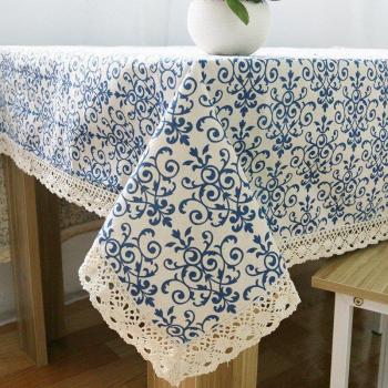 Classic Cotton and Hemp Picnic Mat Antique Blue and White Porcelain Rectangular Tablecloth