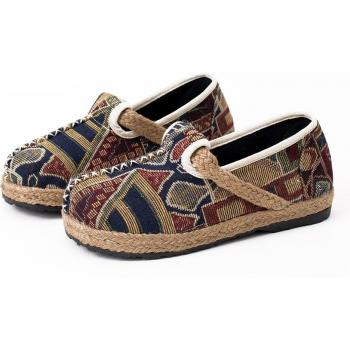 Veowalk Brown Cotton Embroidered Vintage Ladies Flat Shoes