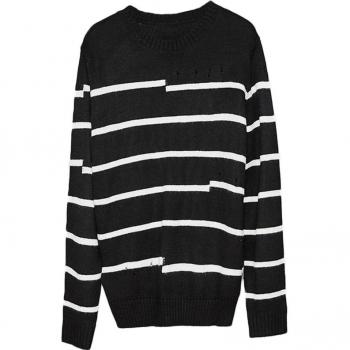 Long Sleeve Men's Sweater with Holes - Black and White Stripes