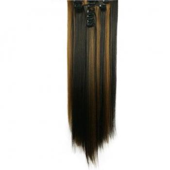 28 Inch 8 Piece Synthetic Clip-In Hair Extensions - Long Straight Black Brown Highlights
