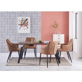 LIFE INTERIORS Walnut & Leather Dining Set - 4 Chairs