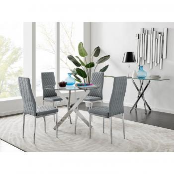 Novara Clear Tempered Glass Round Dining Table with Chrome Legs & 4 Milan Chairs
