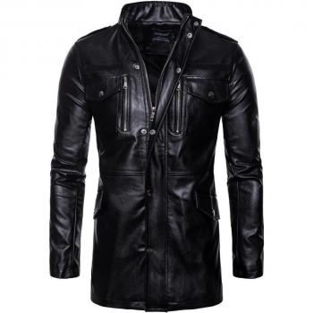 Lange Herrenjacke aus Leder mit Pelzbesatz