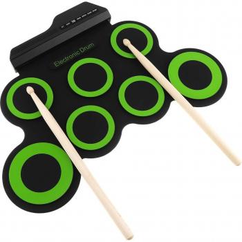 Green Portable USB Roll-Up 7-Pad Electronic Drum Set with Drumsticks and Sustain Pedal