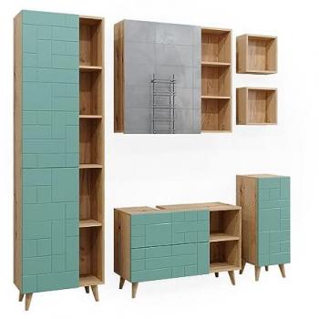 Vicco Badmöbel-Set Rudi, Mintgrün/Eiche, 6 Teile, mit Hochschrank