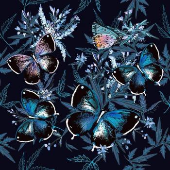 Tela de satén floral con mariposas oscuras para confección de vestidos - Patchwork