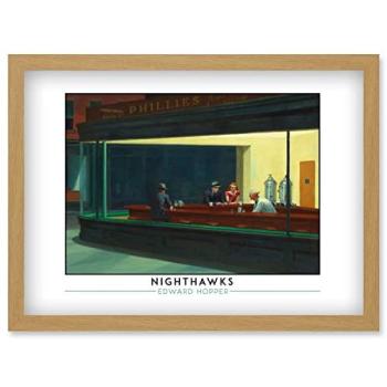 Framed Edward Hopper Nighthawks Painting – A4 Print in Light Oak