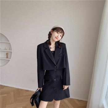 Casual Women's Suit Set: Short Coat and Spaghetti Strap Dress