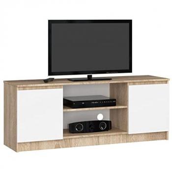 Meuble TV AKORD 140 cm - Chêne Sonoma - 2 portes - 2 étagères - Blanc mat