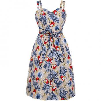 High Waist Green Botanical Print Dress with Spaghetti Straps