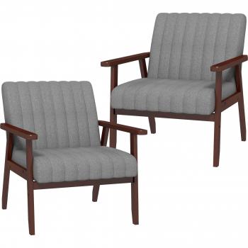 HOMCOM Set of 2 Upholstered Accent Chairs, Living Room Armchairs with Wood Legs, Grey