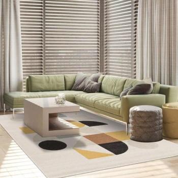 Alfombra decorativa 200x290 con motivos geométricos en tonos beige y amarillo