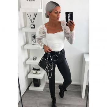 Women's Long Sleeve Tulle Square Neck Frill Puff Mesh Top