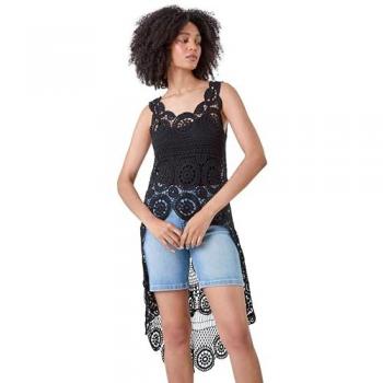 Black Cotton Crochet Dipped Hem Knit Top for Women – UK 10