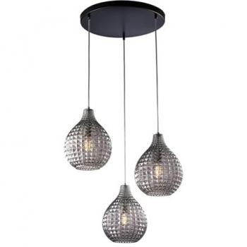 Belight - Sospensione 3 Luci Diamante In Ferro Nero e Vetro Soffiato Grigio Specchiato