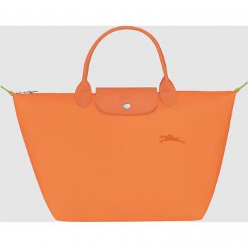 Longchamp Le Pliage Green Medium Orange Canvas Top Handle Bag