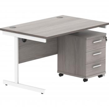 Grey Oak & White 1200x800 Solo Rectangular Desk + 3-Drawer Mobile Ped