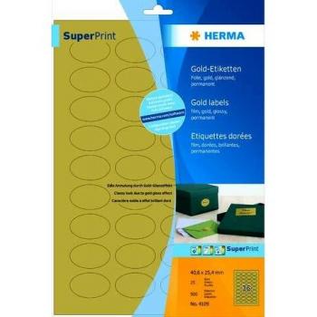 Herma No. 4109 Gold Glossy Oval Labels 40.6 x 25.4 mm, Laser Printable, Permanent Adhesive, A4 Sheet - 900 Labels per Pack
