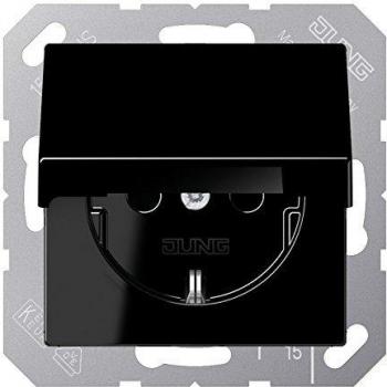 JUNG A1520KIKLSW Black Schuko Socket Outlet with Flip Cover and Enhanced Touch Protection