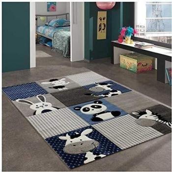 Tapis Enfant 60x110 cm Rectangulaire Zoo Bleu Chambre Adapté au Chauffage par Le Sol