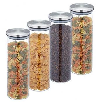 Lot de 4 bocaux hermétiques en verre, 1,6 l, couvercles en acier inoxydable, transparents/argent