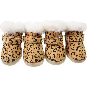 Soft Flocked Leopard Dog Shoes - 4 Pack for Small Dogs, Winter Anti-Slip
