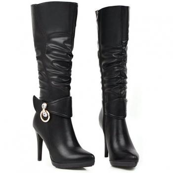 QUTAA Women's Fur Lined Pointed Toe Knee High Boots