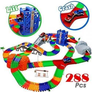 TONZE Piste Macchinine Elettriche Pista Flessibile 288 Pezzi con 2 Auto e Ascensore Giocattolo per Bambini di Lunga 5,05 Metri