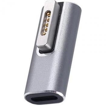 Adaptador MagSafe 2 a USB‑C con carga rápida, modelo compacto y plateado