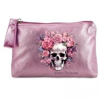 Porte-monnaie rose à motif tête de mort florale et option de personnalisation
