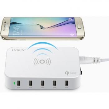 Cargador Inteligente de 5 Puertos USB y Qi, LS-5UW, Blanco