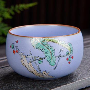 100ml Ru Kiln Ceramic Teacup with Hand Painted Flower Design