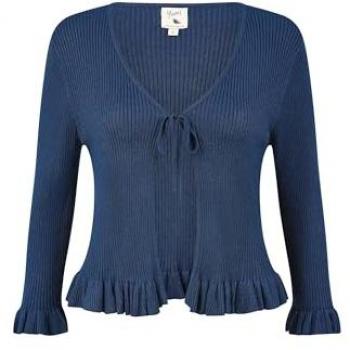 Yumi Yumi Damen Blauer Rippstrick-Kardigan mit Fransen