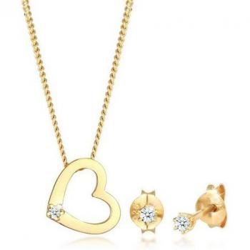 Elli Goldene Herz-Kette mit Diamant (0.075 ct.) und Ohrringen