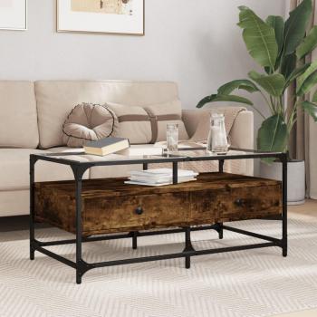 VidaXL Glass Top Coffee Table Smoked Oak 98.5x50x45 cm Steel