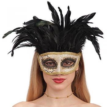 Maschera Festiva Oro Cracle' Piuma Colorata con Busta e Cavallo di Legno