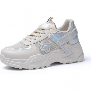 Fujin Women's Platform Sneakers - Comfortable Chunky Lace-Up Shoes in White/Silver