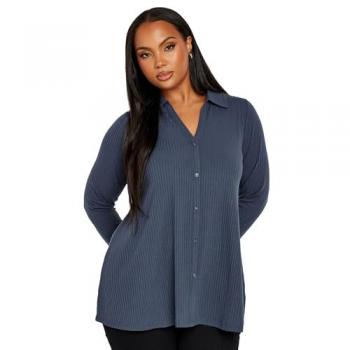 Grey Ribbed Button‑Front Top