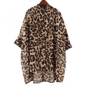 Plus Size Irregular Bat Sleeve Leopard Print Blouse