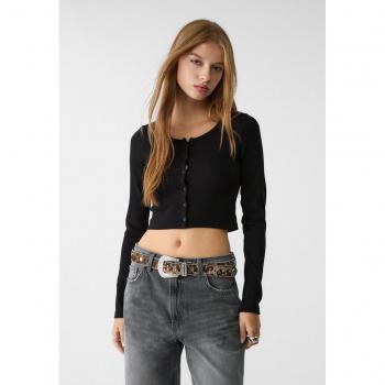 Stradivarius Classic Ribbed Button T-Shirt (Black, L)