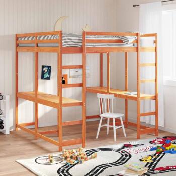 Loft Bed with Desk and Ladder Wax Brown 200x200 cm Solid Wood Pine