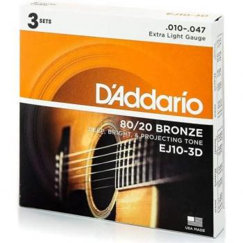 Jeu de cordes pour guitare acoustique D'Addario EJ10 80/20 Bronze Extra Light, 10-47, 3-pack